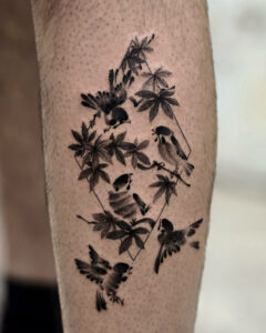 Korean minhwa sparrow and maple leaves tattoo