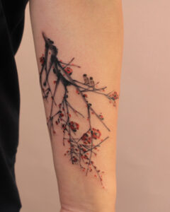 Korean minhwa sparrow and plum blossom tattoo