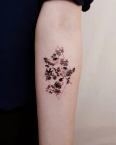 Korean traditional sparrows in a diamond composition tattoo