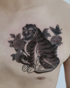 Korean minhwa tiger, peony and butterfly tattoo