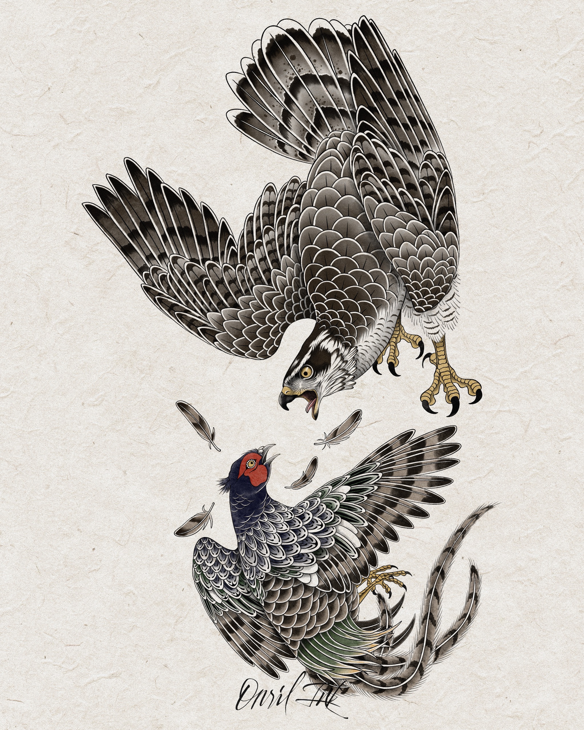 Goshawk & Pheasant — Korean traditional tattoo by Onsil, color design
