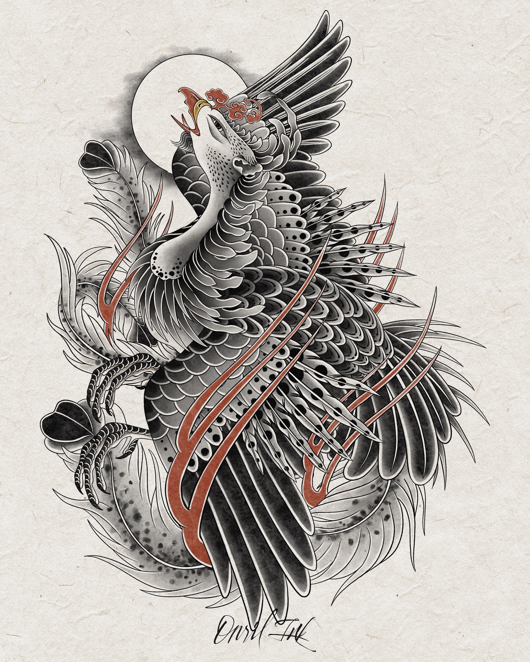 Phoenix — Korean traditional tattoo by Onsil, color design